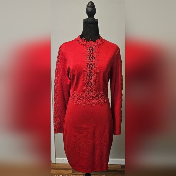 Venus Red Lace Detail Midi Dress Size M - Picture 2 of 5